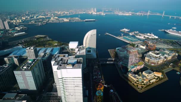 横浜市 2019年3月26日 みなとみらいウォーターフロント地区の横浜市の空中風景 横浜ランドマークタワーからの眺め — ストック動画