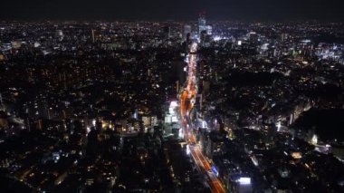 Metropolitan Otoyolu 3 numaralı Shibuya Hattı 'nın ve şehrin havadan görünüşü, Roppongi tepelerinden Mori Kulesi, Tokyo, Japonya