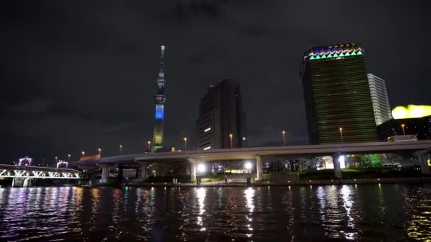 Tokyo Skyline Sumida River Night Japan — Stockvideo