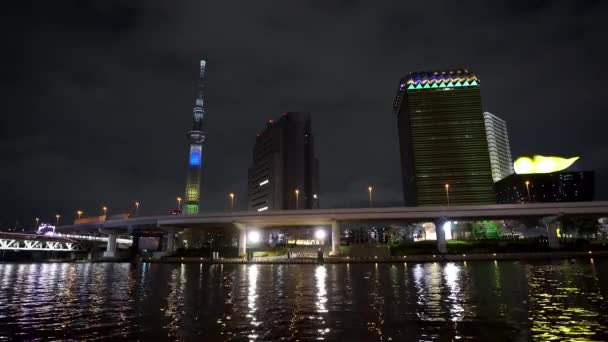 Tokyo Skyline Sumida River Night Japan — Stockvideo