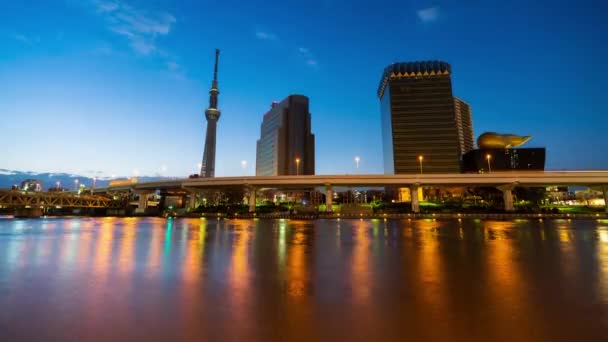 Natt Till Dag Förfaller Tokyo Skyline Sumida River Japan — Stockvideo