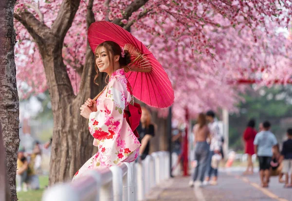 Žena Yukata Kimono Šaty Drží Deštník Vypadá Sakura Květ Nebo — Stock fotografie