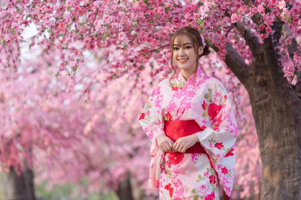 Mulher Yukata Vestido Quimono Olhando Flor Sakura Flor Cereja Florescendo — Fotografia de Stock