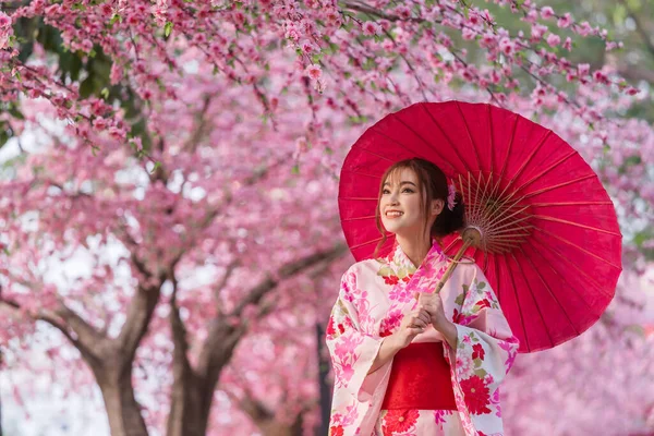 Yukata Kimonó Ruha Gazdaság Esernyő Keres Sakura Virág Vagy Cseresznyevirág — Stock Fotó