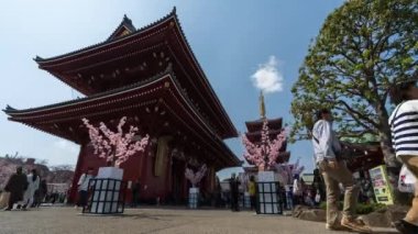 TOKYO, JAPONYA - 27 Mart 2019: Kimliği belirsiz kişilerin Asakusa, Tokyo, Japonya 'daki Sensoji tapınağını kiraz çiçeğiyle ziyaret etmesi