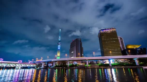 Tid Förflutit Tokyo Skyline Sumida River Natten Japan — Stockvideo
