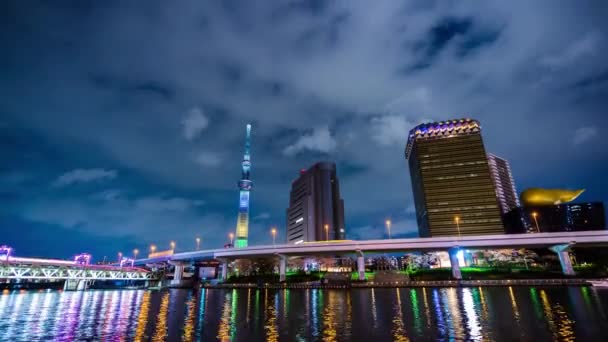 Tid Förflutit Tokyo Skyline Sumida River Natten Japan — Stockvideo