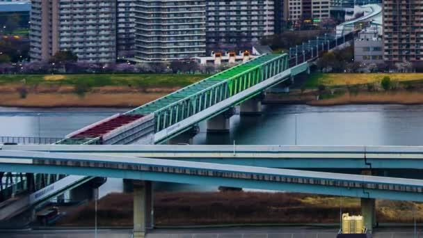 日本东京一座铁路桥上穿越阿拉川河的列车日落时分 — 图库视频影像