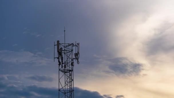 Dia Noite Lapso Tempo Antena Torre Telecomunicações Pôr Sol — Vídeo de Stock