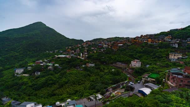 Dia Noite Lapso Tempo Aldeia Jiufen Com Montanha Dia Chuvoso — Vídeo de Stock