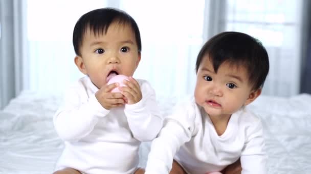 欢快的双胞胎婴儿在床上玩彩球的慢动作 — 图库视频影像
