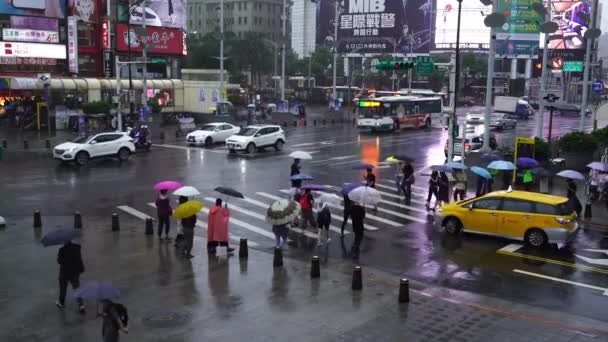 Taipeh Taiwan Juni 2019 Menschen Überqueren Bei Strömendem Regen Die — Stockvideo