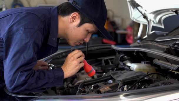 Male Mechanic Holding Shining Flashlight Checking Car Engine Problem — Stock Video