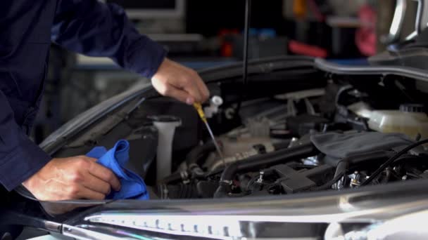 Mano Del Técnico Que Comprueba Nivel Aceite Varilla Inmersión Motor — Vídeos de Stock