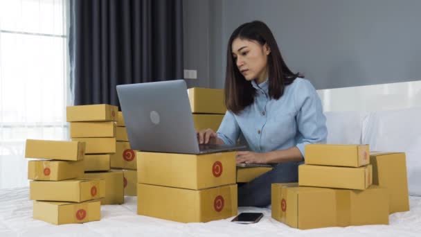 Mulher Bem Sucedida Trabalhando Usando Computador Portátil Para Vender Produtos — Vídeo de Stock