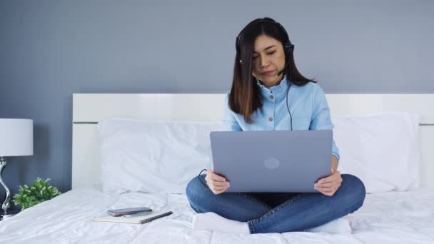 Stressed Business Woman Wear Headset Video Conference Calling Laptop Computer — Stock Video