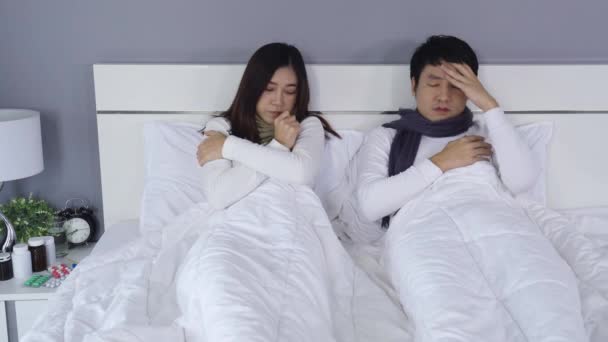 Sick Couple Feeling Cold Suffering Virus Disease Fever Bed Home — Stock Video
