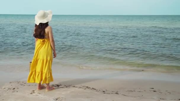 Женщина Желтом Платье Стоящая Морском Пляже Ветром — стоковое видео