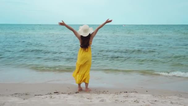 Wolność Kobieta Ramionami Podniesione Plaży Morskiej Wiatrem Wieje — Wideo stockowe