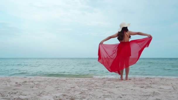 Młoda Kobieta Ramionami Rozłożonymi Czerwonej Sukience Plaży Morskiej Wiatrem — Wideo stockowe