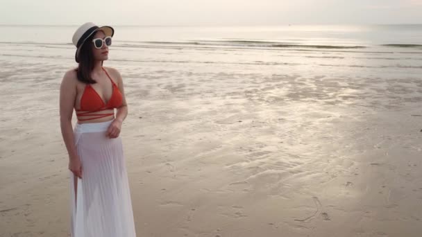 Веселая Женщина Бикини Стоящая Морском Пляже — стоковое видео