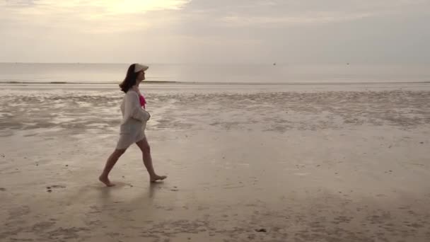 海のビーチを歩くビキニの陽気な女性 — ストック動画