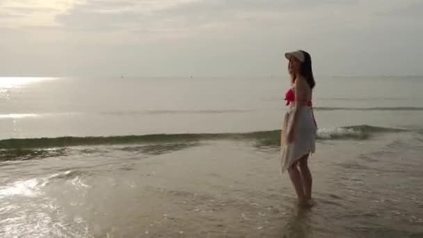Mulher Alegre Biquíni Desfrutando Praia Mar Com Luz Solar — Vídeo de Stock