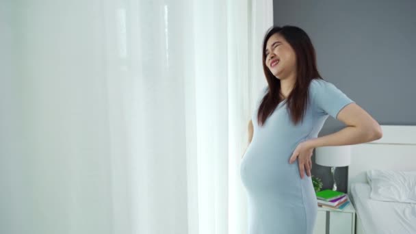 Mujer Embarazada Que Sufre Dolor Espalda Baja Dormitorio — Vídeos de Stock