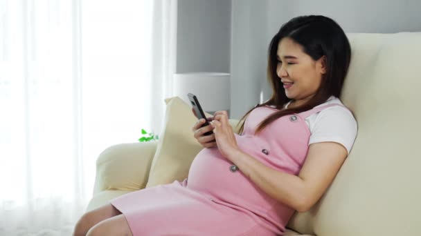 Femme Enceinte Utilisant Smartphone Sur Canapé Dans Salon — Video