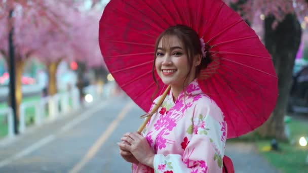 Mujer Yukata Vestido Kimono Sosteniendo Paraguas Buscando Flor Sakura Flor — Vídeo de stock