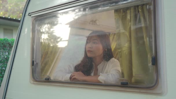 Happy Young Woman Looking View Window Camper Van Motorhome — Stock Video