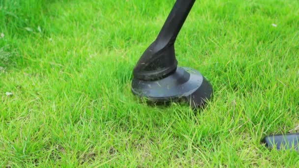 Slow Motion Worker Using String Lawn Trimmer Mower Cutting Grass — Stock Video