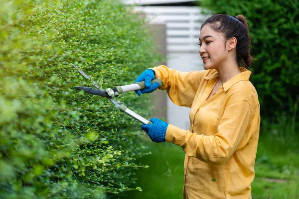 Mladá Žena Pomocí Velkých Nůžek Řezání Ořezávání Rostlin Zahradě Doma — Stock fotografie