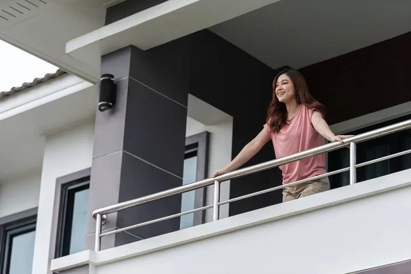 Happy Woman Relaxing Looking Balcony Her Home —  Fotos de Stock