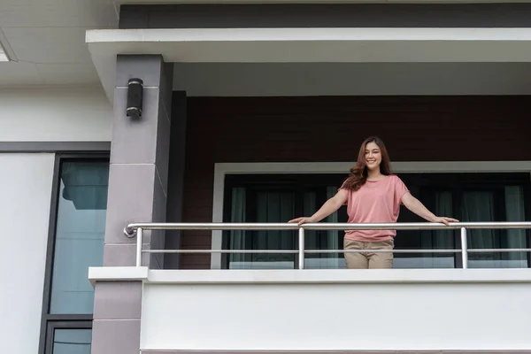 Happy Woman Relaxing Looking Balcony Her Home — Photo