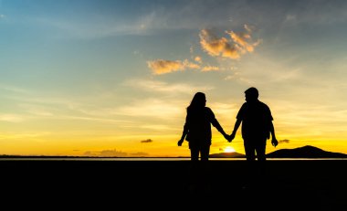 silhouette of young couple holding hands in field at sunset