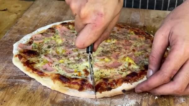 Slow Motion Hand Cuts Charcoal Pizza Homemade — Stock Video