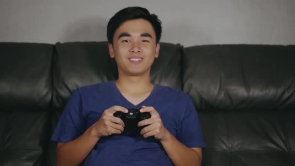 Happy Young Man Playing Video Games Night — Stock Video