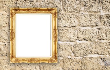 tuğla duvarın üzerinde boş altın çerçeve 