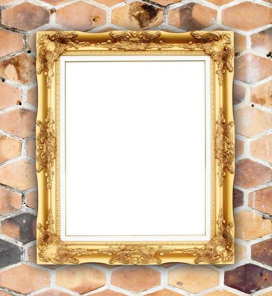 Tuğla duvarın üzerinde boş altın çerçeve — Stok fotoğraf