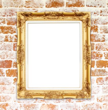 tuğla duvarın üzerinde boş altın çerçeve 