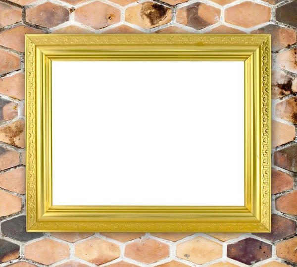 Blank golden frame on brick stone wall — Stock Photo, Image