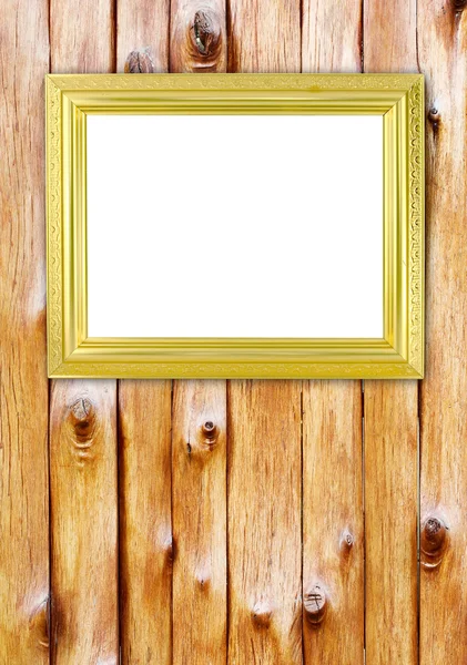 Ahşap duvar boş altın çerçeve — Stok fotoğraf