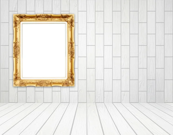 Blank golden frame in room with white wood wall (block style) an — Stock Photo, Image