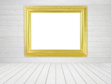 Beyaz ahşap duvar ve ahşap zemin ile odada boş altın çerçeve 