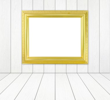 Beyaz ahşap duvar ve ahşap zemin ile odada boş altın çerçeve 