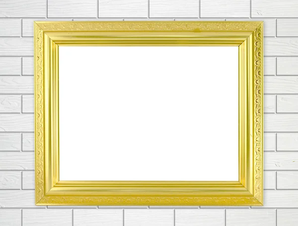 Lege gouden frame op baksteen stenen muur achtergrond — Stockfoto