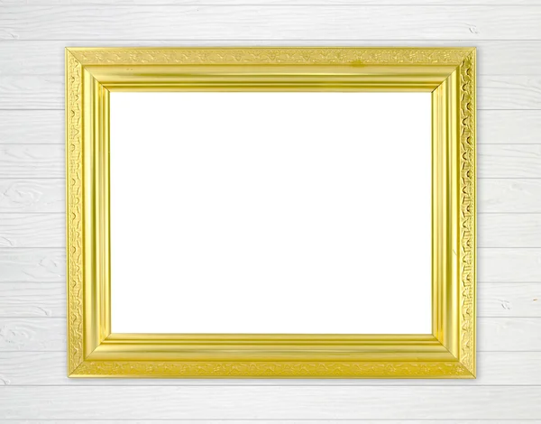 Blank golden frame on wood wall — Stock Photo, Image