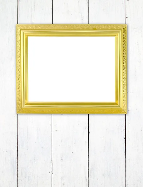 Blank golden frame on wood wall — Stock Photo, Image