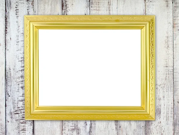 Lege gouden frame op houten muur — Stockfoto